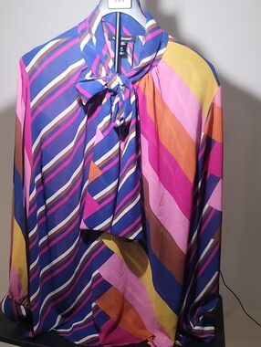 Ashley Stewart Colorblock Diagonal Stripe Bow Blouse in Blue, Pink & Yellow